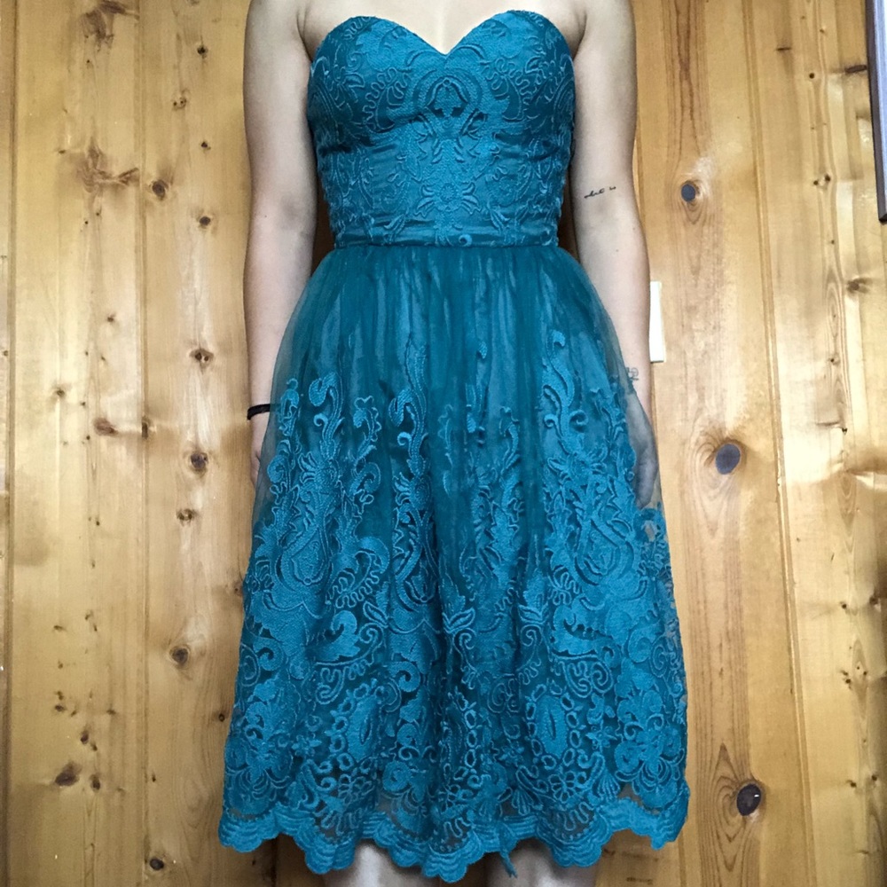 Thrifted strapless tea length dress